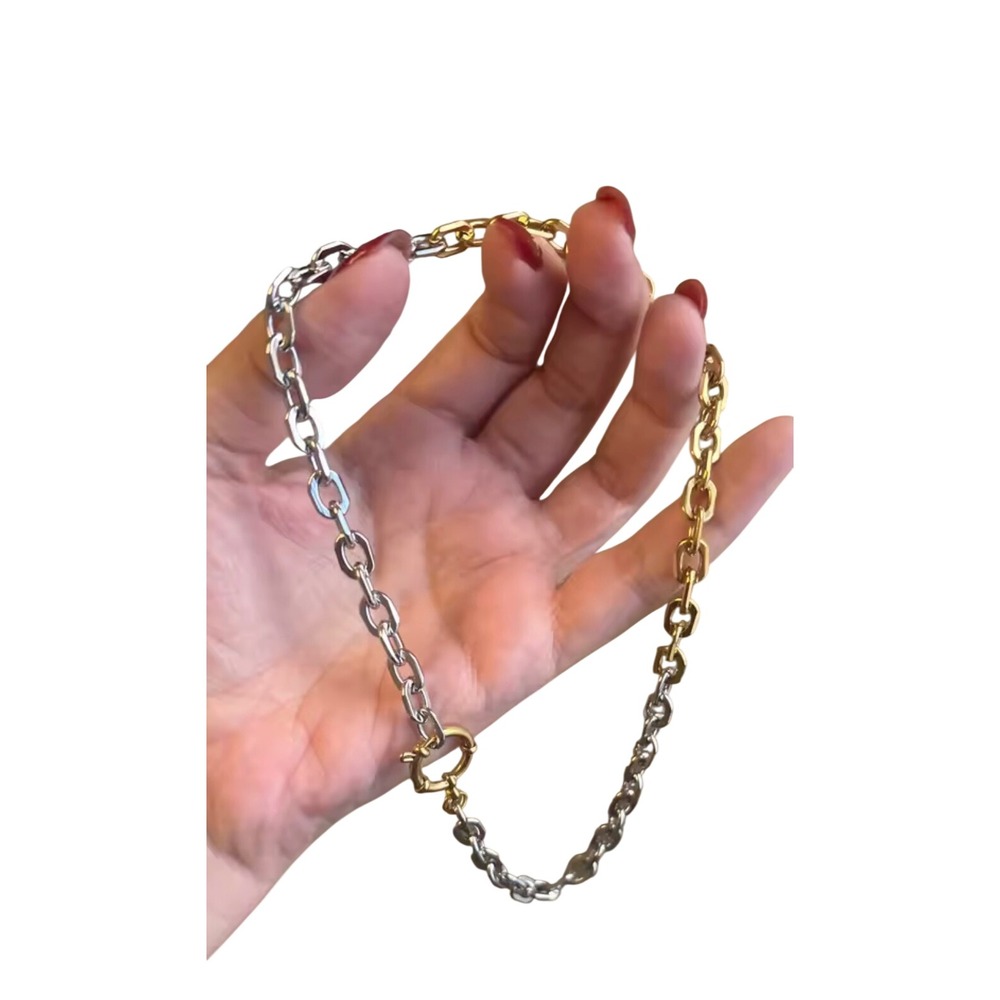 Two Tone Chunky Chain Link Necklace Gold Silver Mixed Metal Sailor Clasp Choker - Picture 10 of 10